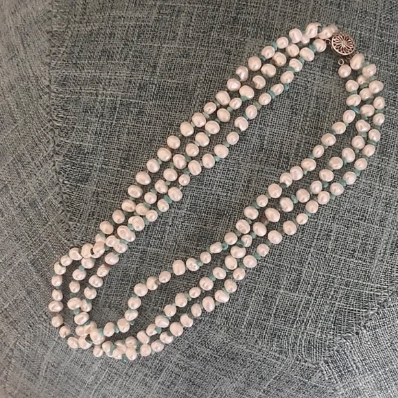 Rare Fresh Water Pearls & Turquoise Three Strand Necklace - Picture 2 of 14